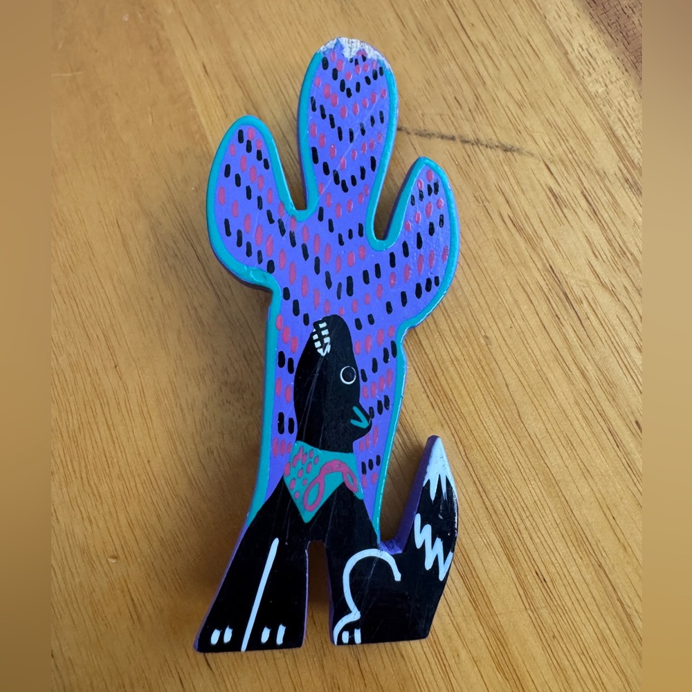 Wooden cactus coyote‎ multicolored Navajo pin brooch